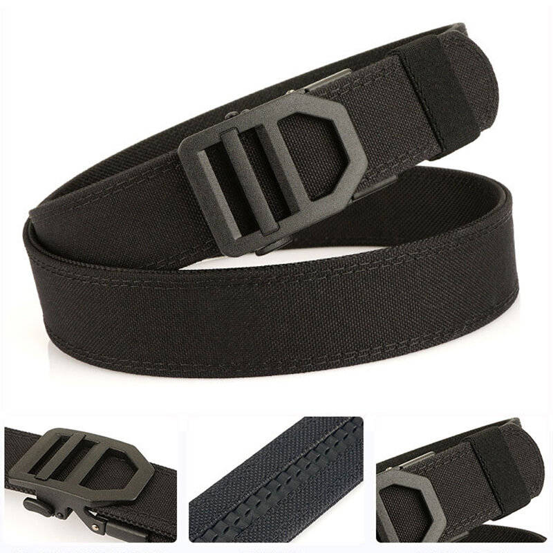 Black - TUSHI 120cm Length Fashion Automatic Buckle Military Tactical Belt Thick Canvas Webbing Outd