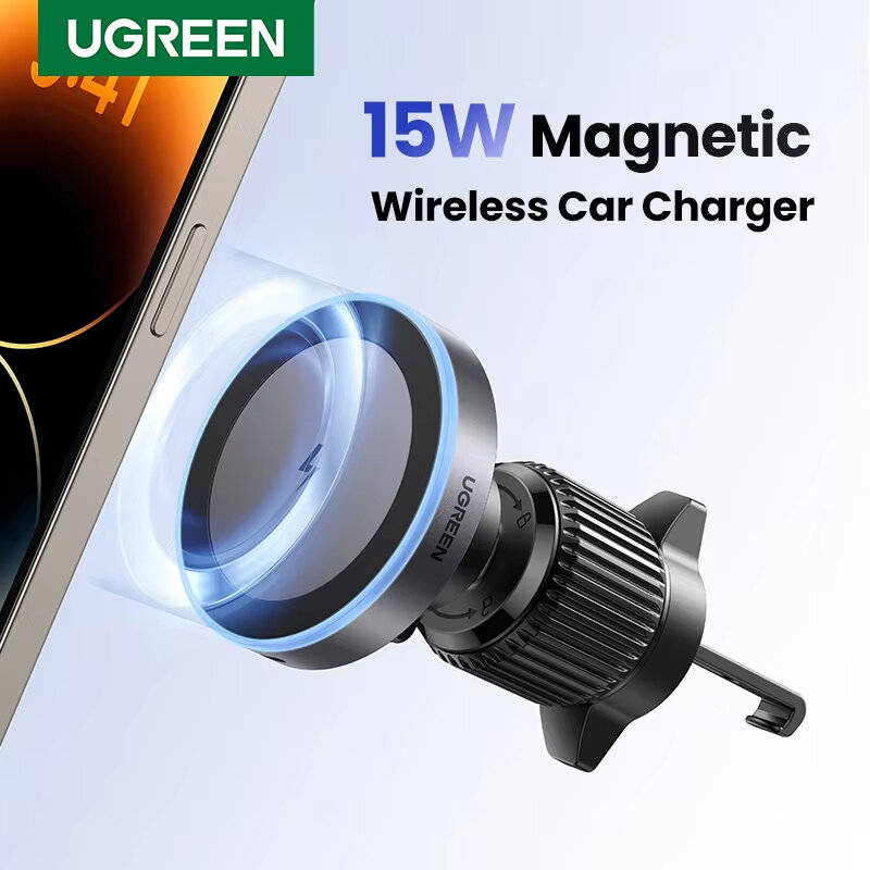 Black - UGREEN Magnetic Car Phone Holder Wireless Charger Stand for Magsafe Car Charger LED Light fo