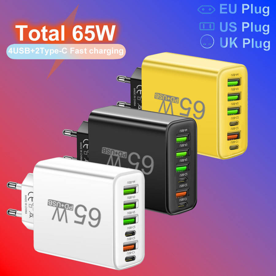 Black - AR-880 3.1A 65W 6-Port USB PD Charger 4USB-A+2USB-C Fast Charging Wall Charger Adapter EU Pl