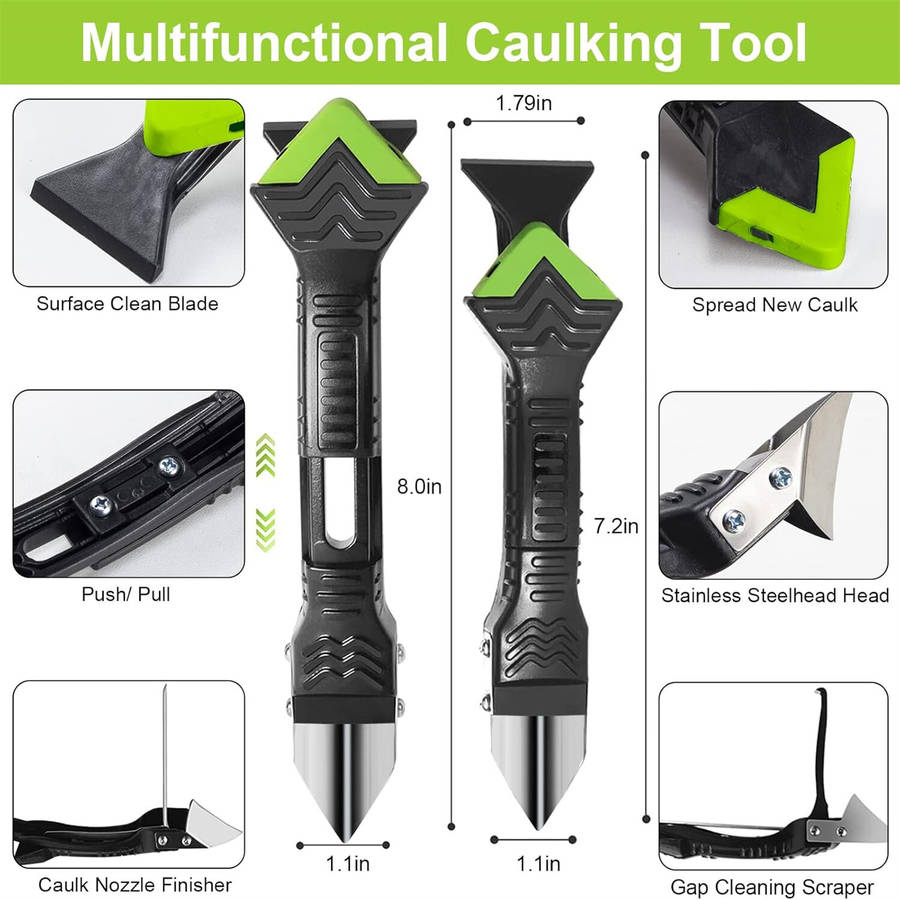 Green - Caulking Tool 5 in 1 Silicone Caulking Grout Removal Sealant Finishing Tool with Grout Scrap