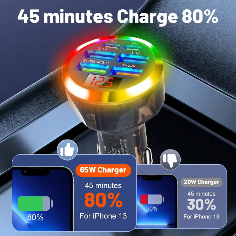 Black - Transparent Car Charger 200W 6 Port USB QC3.0 PD Super Fast Charging Voltage Display LED Lig