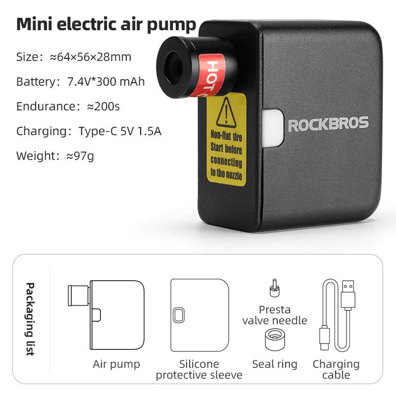 ROCKBROS Mini Portable Bike Electric Air Pump 100PSI Power 300mAh Battery USB Rechargeable Lightweig