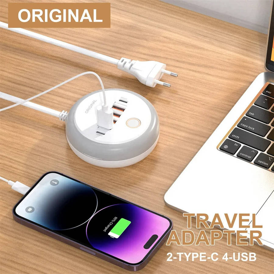 US Plug - 50W 6-Port USB PD Charger 4USB-A+2USB-C PD Fast Charging Power Strip with Touch Light EU P