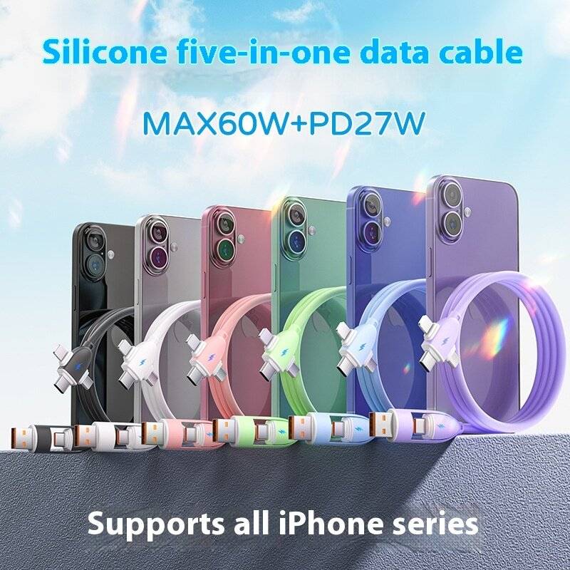 Black - 60W 5-in-1 Cable USB-A/Type-C to iP/Micro/Type-C Cable Fast Charging Data Transmission Pure
