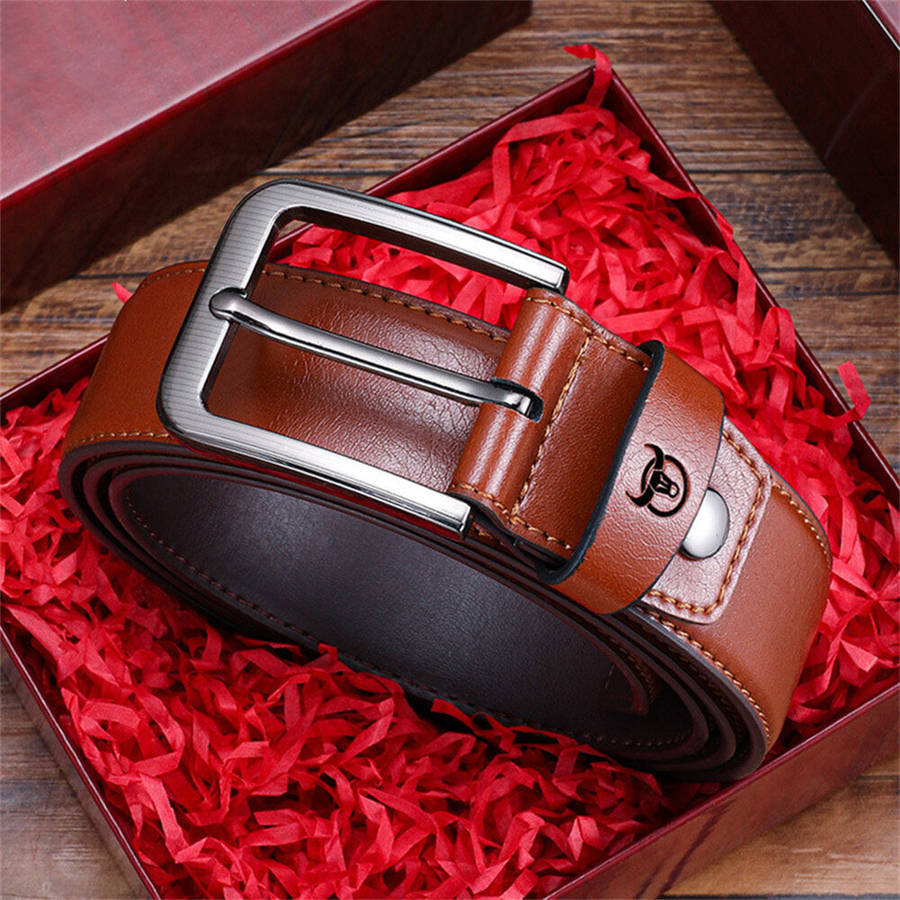 Black - BULLCAPTAIN 130cm Genuine Leather Mens Pinch-buckle Belt with Box Birthday Gift for Husband