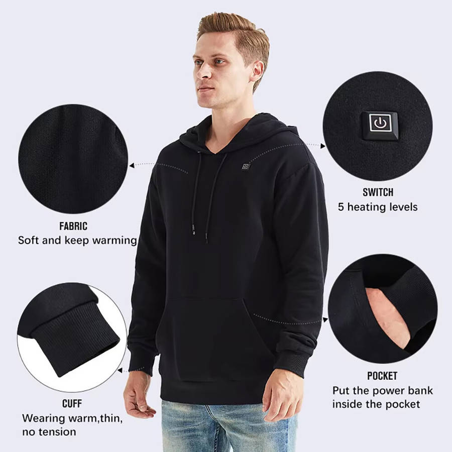 Black - Winter Hooded Electric Heating Sweatshirt Heated Clothes for Men USB Heating Sweatshirt Warm