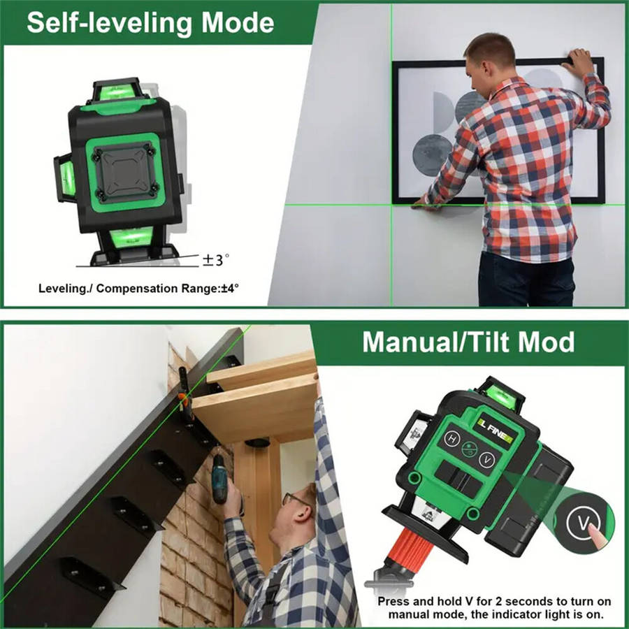 EU Plug - LFINE 4D 16 Lines Laser Level with Dual Rechargeable Batteries USB Powered Self-Leveling M