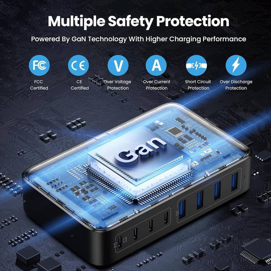 Blue - [GaN Tech] 200W 8-Port USB PD Charger 4USB-A+4USB-C PD QC Fast Charging Desktop Charging Stat