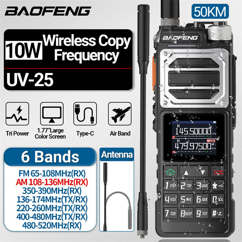 Baofeng UV-25 10W Walkie Talkie Six-Band Long Range Wireless Copy Frequency FM Radio Type-C Ham Two-
