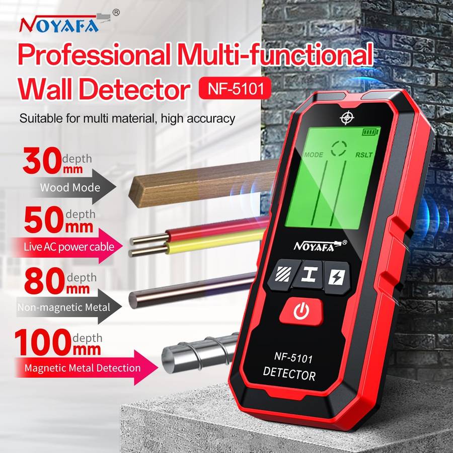 Red - NOYAFA NF-5101 Wall Scanner Stud Finder 5-in-1 High Precision Detector Metal Wood Live Wire Lo