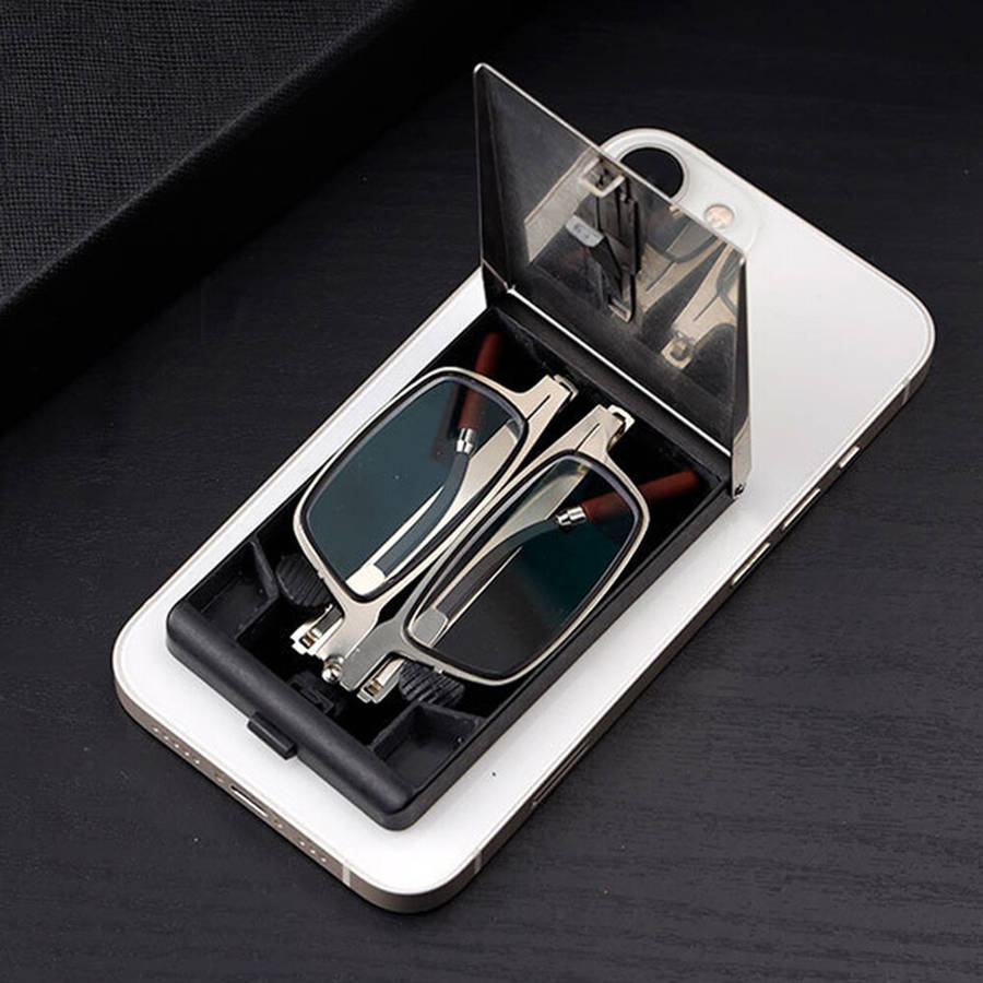 +300 - 2 in 1 Portable Folding Reading Glasses with Metal Glasses Case Mobile Phone Holder HD Anti-F
