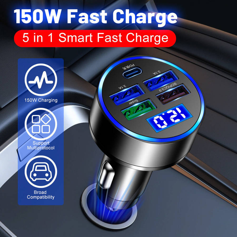 150W 5-Port USB PD Car Charger Adapter 4USB-A+1Type-C PD QC3.0 Fast Charging with Blue LED for iPhon