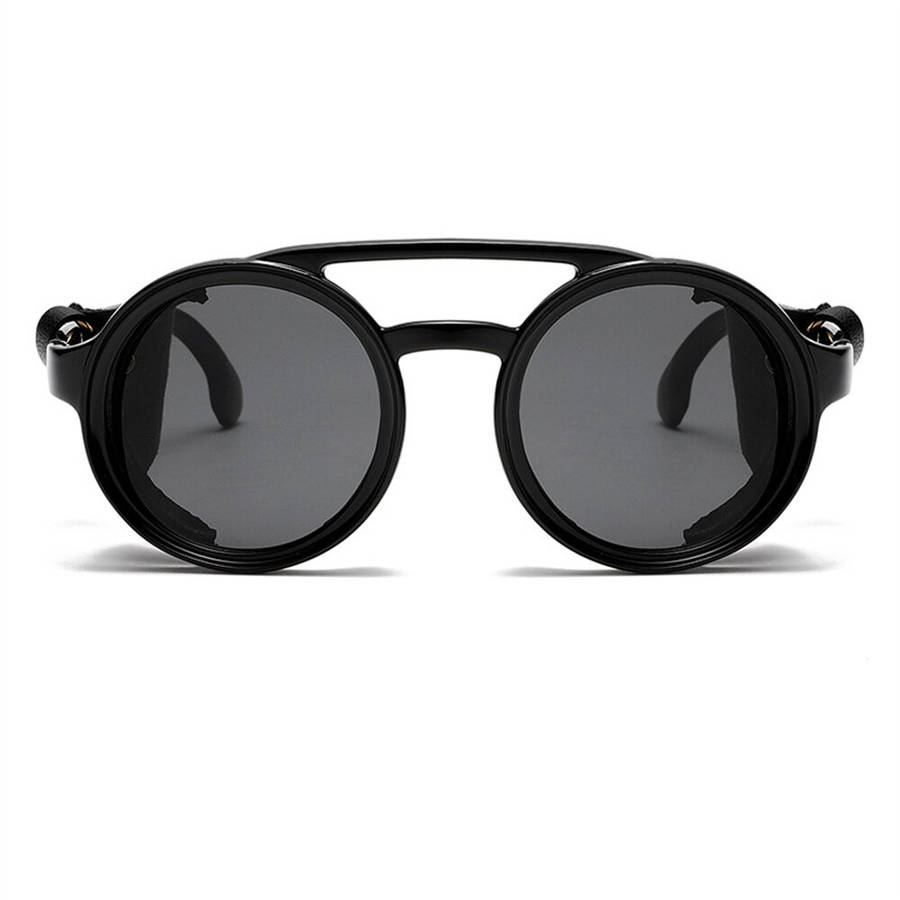 Black - Fashion Punk Retro Polarized Round Sunglasses with Leather Strap Accents UV400 Protection Ey