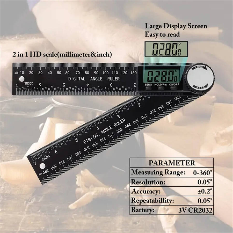Black - 2-in-1 Digital Angle Finder Protractor with 7 Inch/200mm Ruler Spill-Proof Design for Woodwo