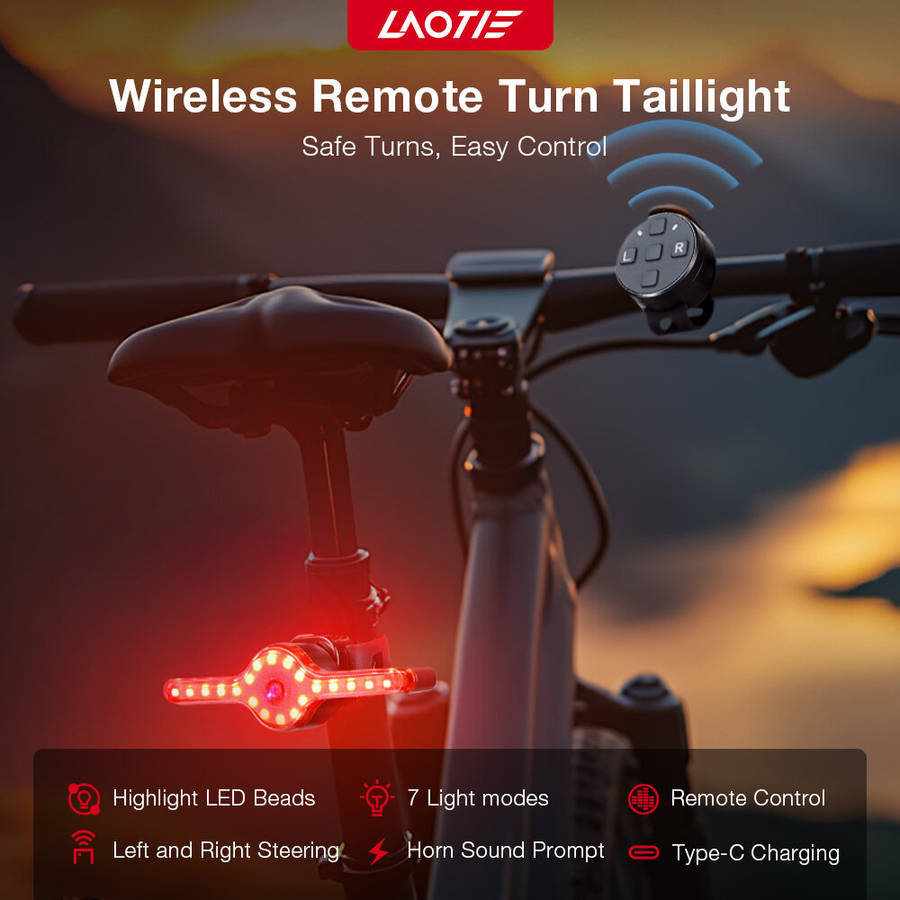 Black - LAOTIE X8 Wireless Remote Bike Turn Taillight 400mAh Battery 7 Light Modes Type-C Rechargeab