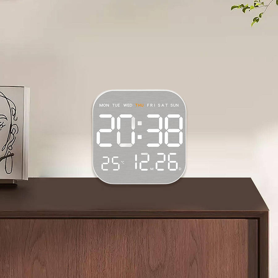 Black - Remote Control Digital Wall Clock LED Alarm Clock Metal Brushed Texture Large Display Screen