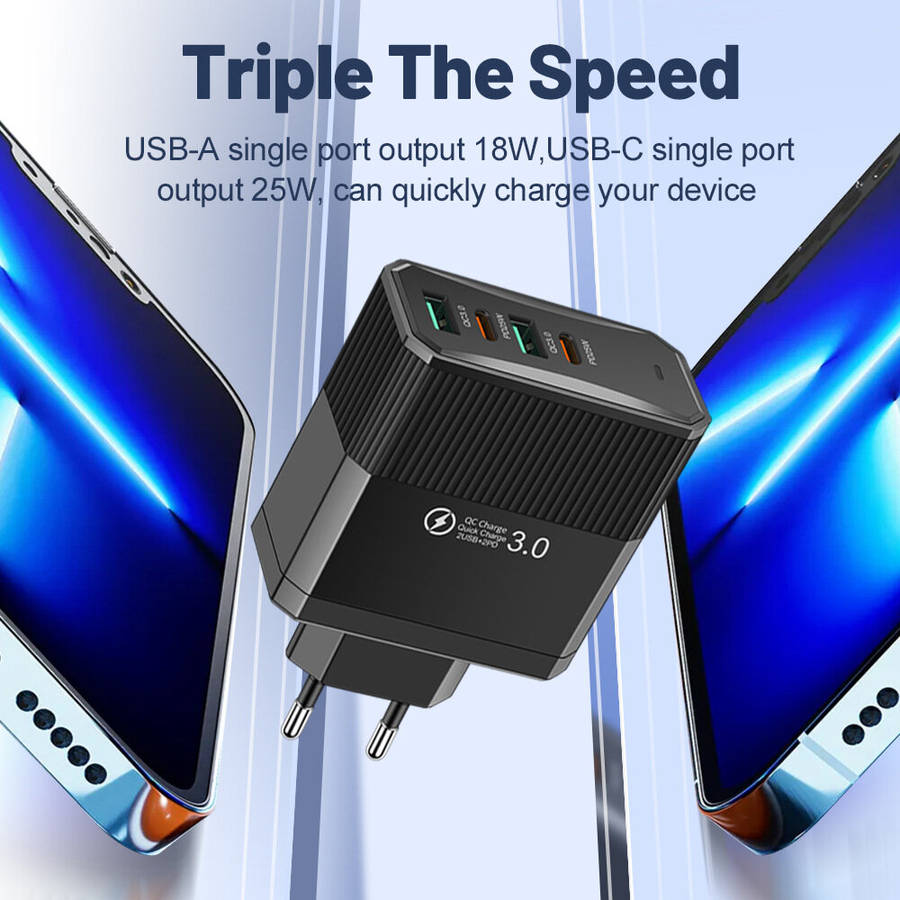 Black & US Plug - BK304-2A2C 100W 4-Port USB PD Charger 2USB-A+2USB-C PD QC3.0 Fast Charging Wall Ch