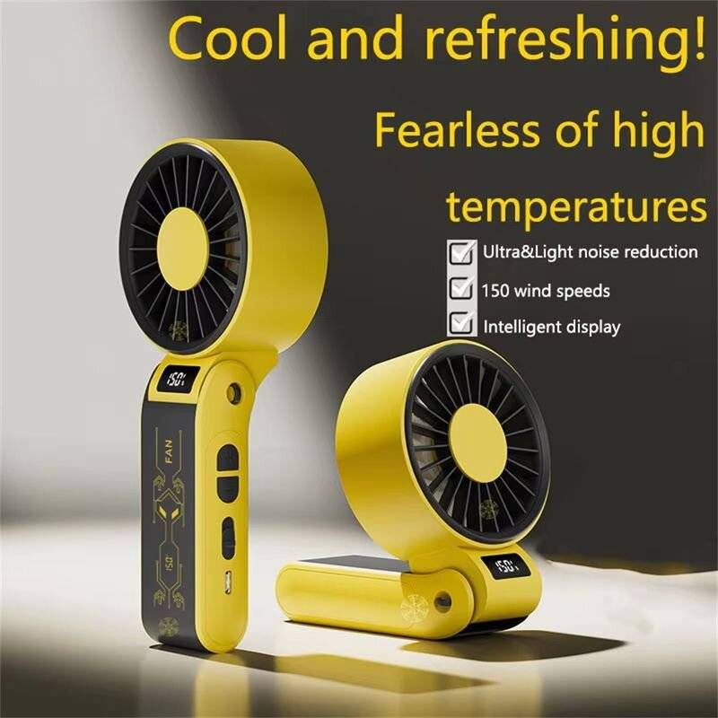 Yellow - Foldable Handheld Fan 150 High Speed Adjustable Noise Free USB Rechargeable 5000mAh Lightwe