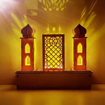 DIY LED Light Wooden Eid Mubarak Plaque Ramadan Home Party Ornament (LED TYPE: PALACEKAABA)