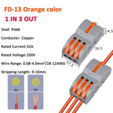 FD-13 Orange/Yellow/Blue/Green Wire Connector 1 In 3 Out Wire Splitter Terminal B... (COLOR: ORANGE)