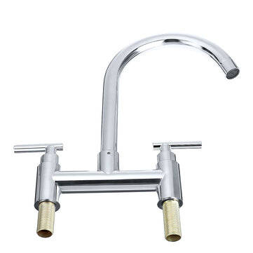 Modern Dual Lever Chrome Kitchen Sink Faucet Hot Cold Mixer Taps Deck Mounted Tap 2 Hole