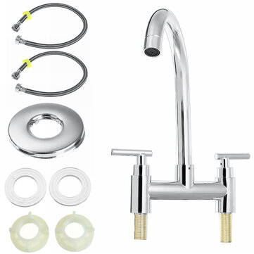 Modern Dual Lever Chrome Kitchen Sink Faucet Hot Cold Mixer Taps Deck Mounted Tap 2 Hole
