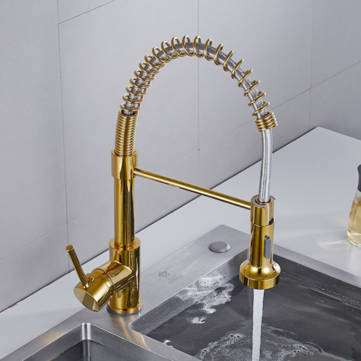 Luxury Gold Kitchen Sink Faucets Brass Single Lever Pull Out Spring Spout Mixers Tap Hot Cold Water