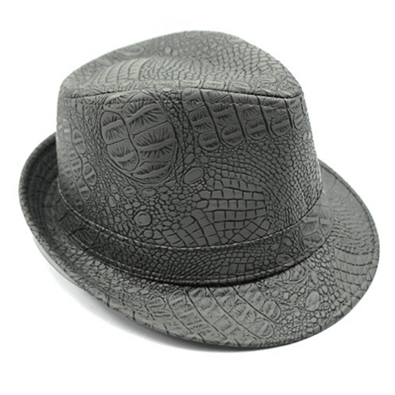 Mens PU Leather Crocodile Pattern Jazz Hat Outdoor Middle-aged Wide Brimmed Fedora Hat (Color Black)