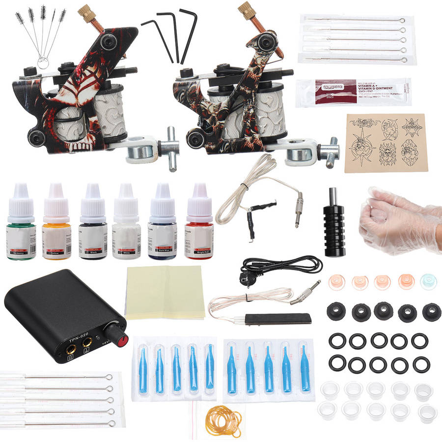 Professional Complete Tattoo Kit Tattoo Machine Grip Set 6 Ink Needles Tips Power Supply