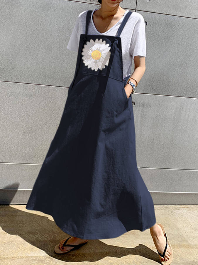 Small Daisies Print Adjustable Strap Casual Loose A-line Maxi Dress with Pocket (Size S Color Khaki)