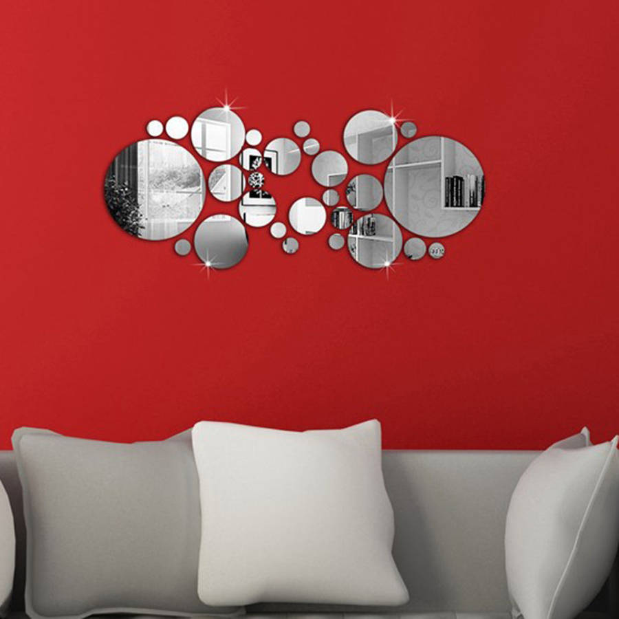 28Pcs 3D Sticker Modern Art Acrylic Silver Round Mirror Removable Wall Sticker D