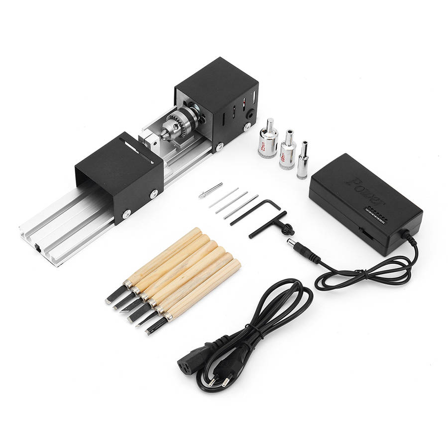Drillpro Mini Lathe Beads Machine Wood Working DIY Lathe Set with DC 24V Power Adapter Metal Cover