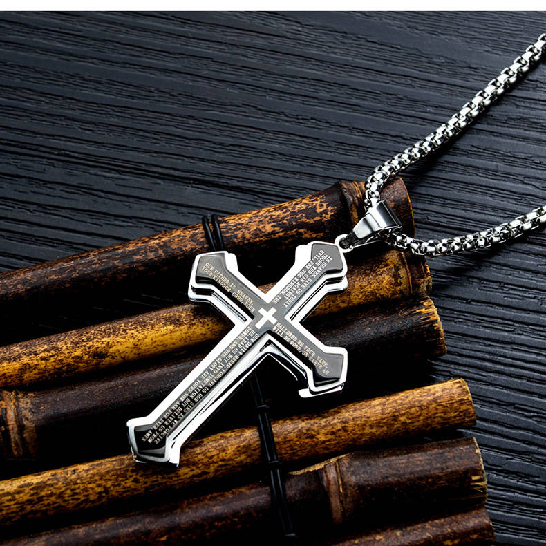 New Three-layered Cross Bible Tide Male Pendant Titanium Steel Men's Necklace