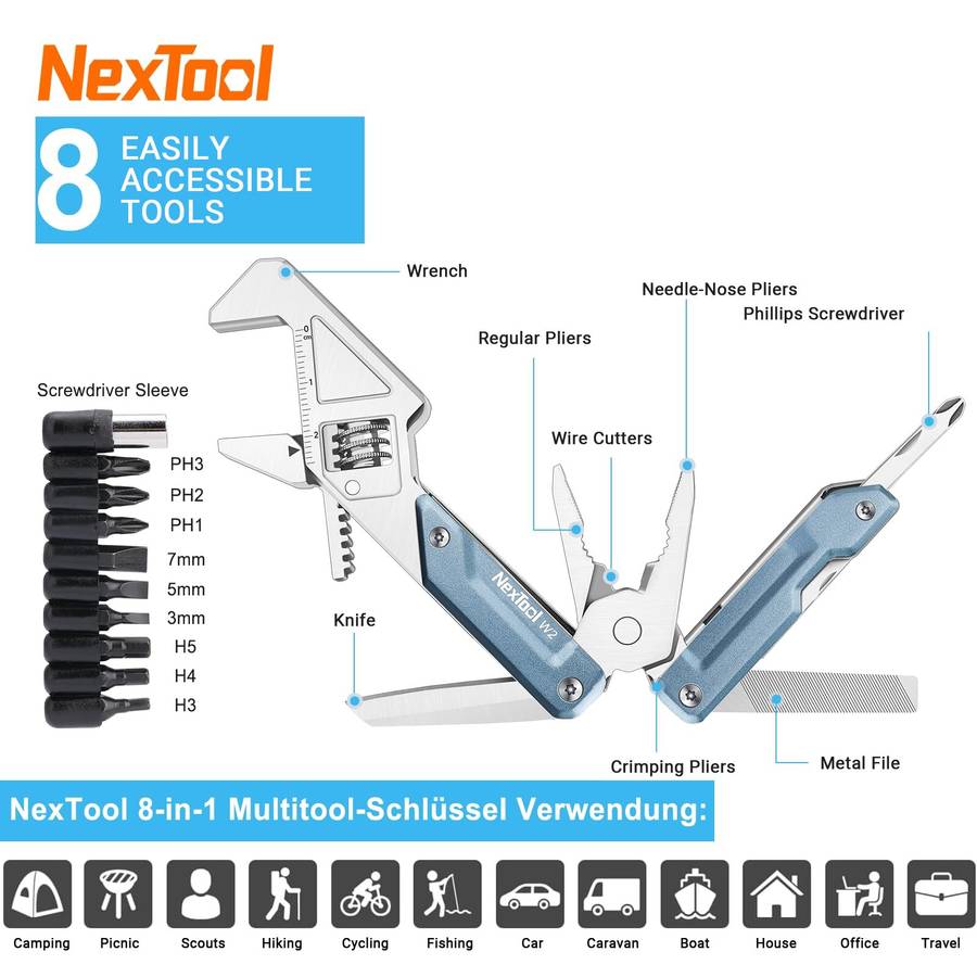 Grey - NexTool W2 8 In 1 Multi Tool Foloding Light Wrench Pliers Multi-functional Spanner Screwdrive