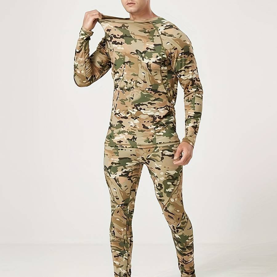 M - TENGOO Men's Camouflage Thermal Underwear Set,Long Sleeve Top Pant Sports Warm Suit, Crew Neck,