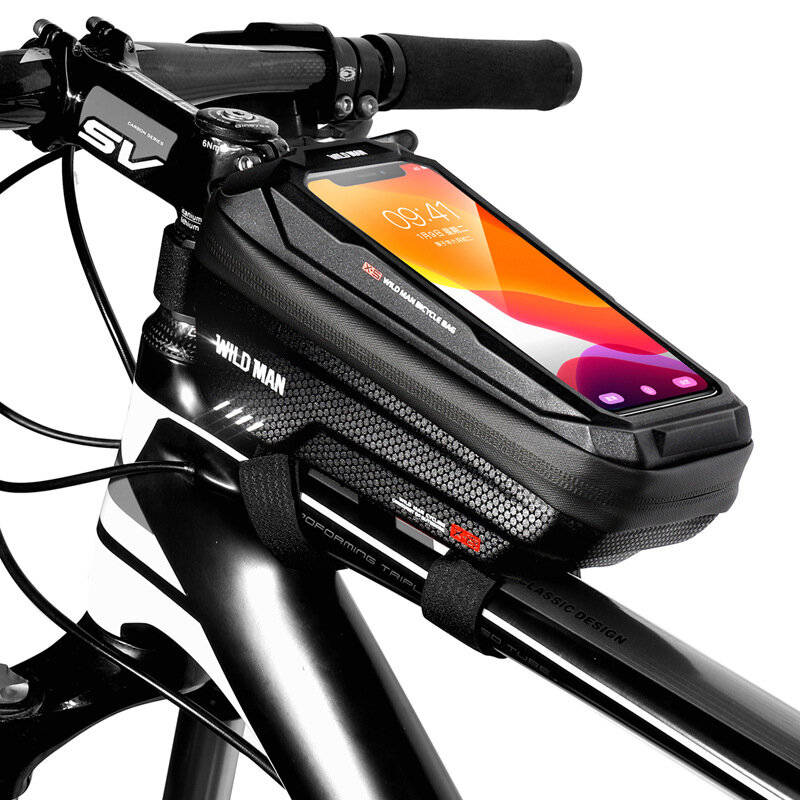 Black - WILD MAN Rainproof Bycicle Bag Fits 5.5-6.7 inch Mobile Phone Touch Screen Front Frame Bike