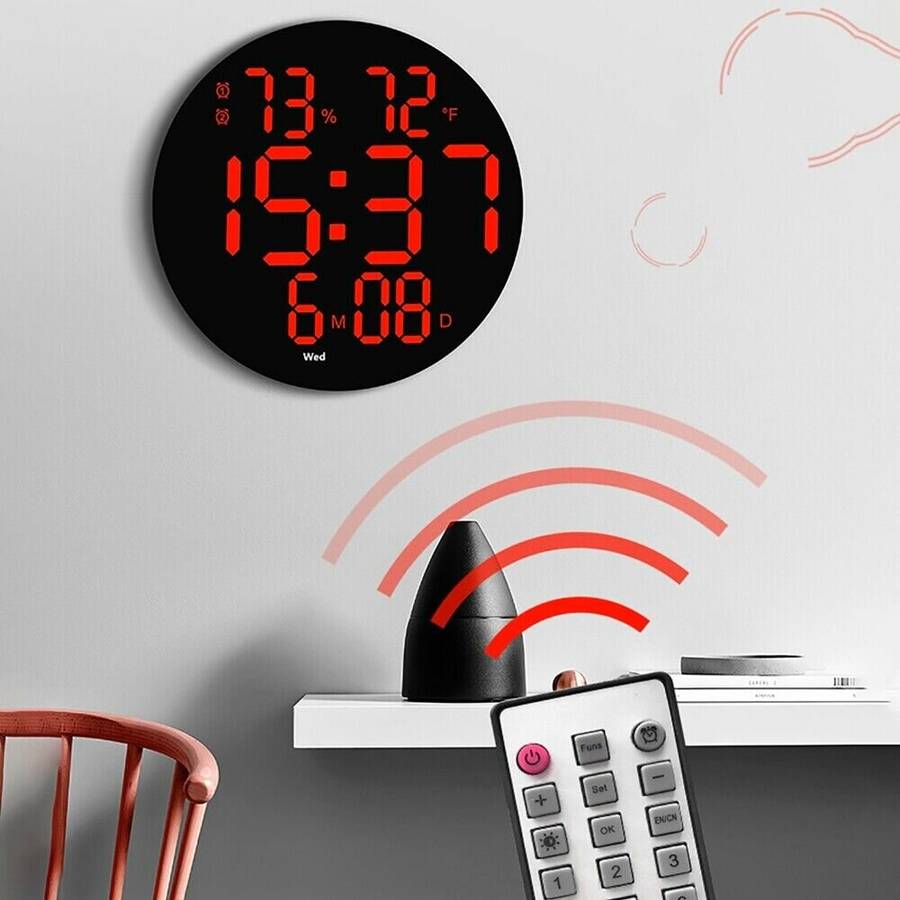 White - AGSIVO 10 Inch Digital Wall Clock With Remote Controller / Dual Alarm Clock / Calendar / Tem