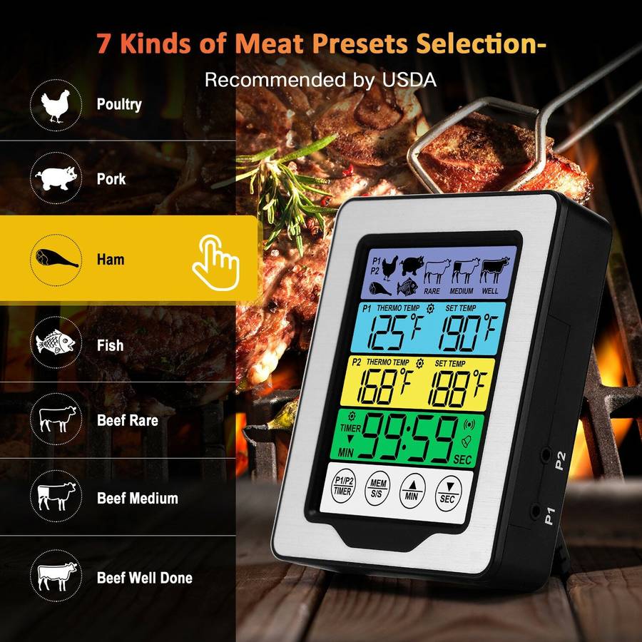 Dual Probe Large Colorful Touchscreen Food Meat Thermometer Kitchen Cooking BBQ Thermometer High Tem