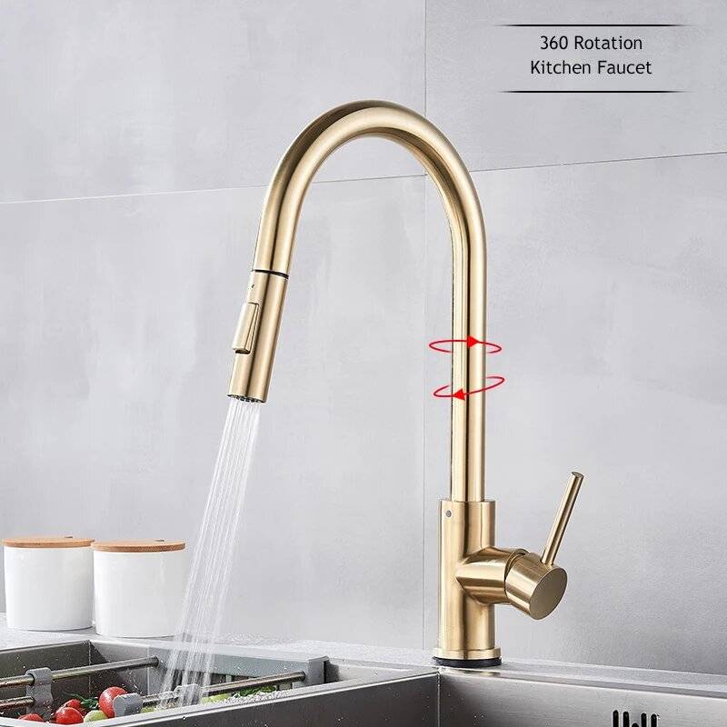 Brushed Gold - Brushed Gold Pull Out Touch Sensor Kitchen Faucet 360 Rotation Smart Kitchen Faucet S
