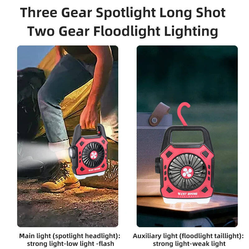 Red - WEST BIKING Portable Camping Light with Fan 3 In 1 Multifunctional Outdoor Flashlight USB Char