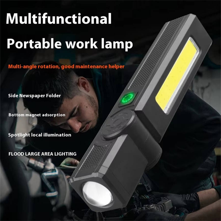 Black - Multi-Functional Portable Work Light Rotating L-shape LED Flashlight Magnetic USB Charging S