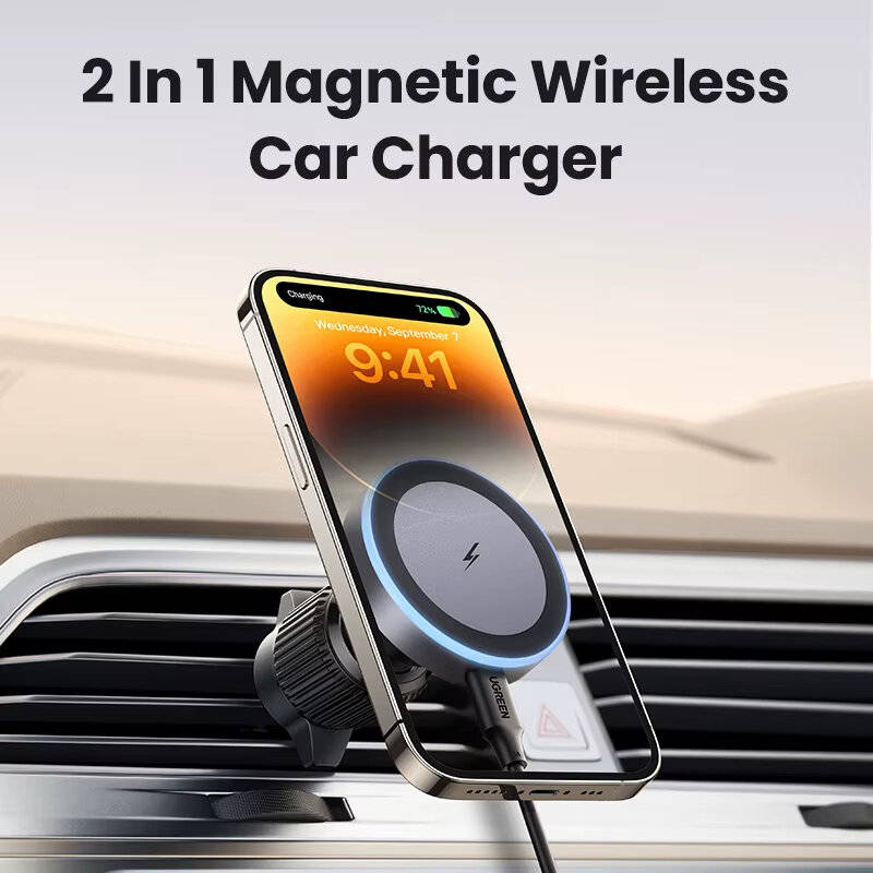 Black - UGREEN Magnetic Car Phone Holder Wireless Charger Stand for Magsafe Car Charger LED Light fo