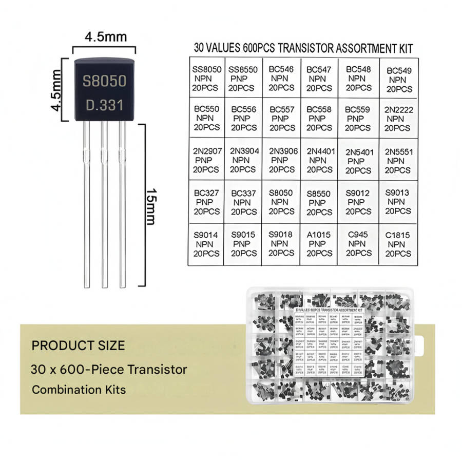 with box - 600pcs Transistor Assortment Kit NPN PNP TO-92 30 Types Electronic Amplification Switchin