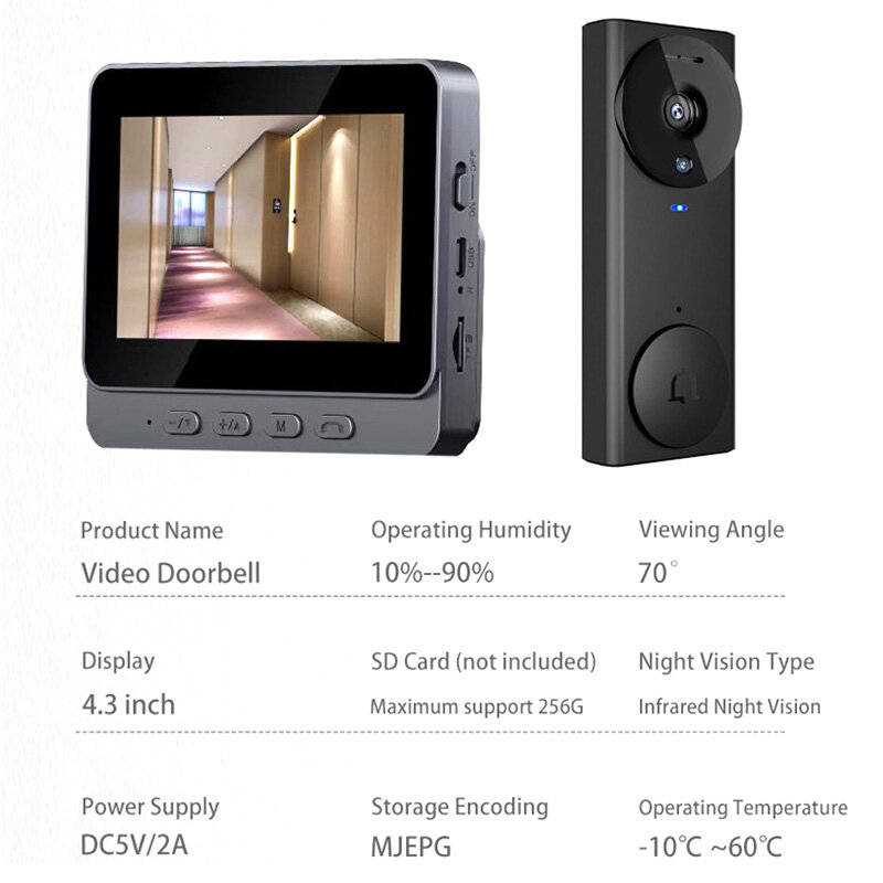 M17S Video Doorbell 4.3" Screen Infrared Night Vision Two-Way Audio 256GB Support Wireless Home Secu