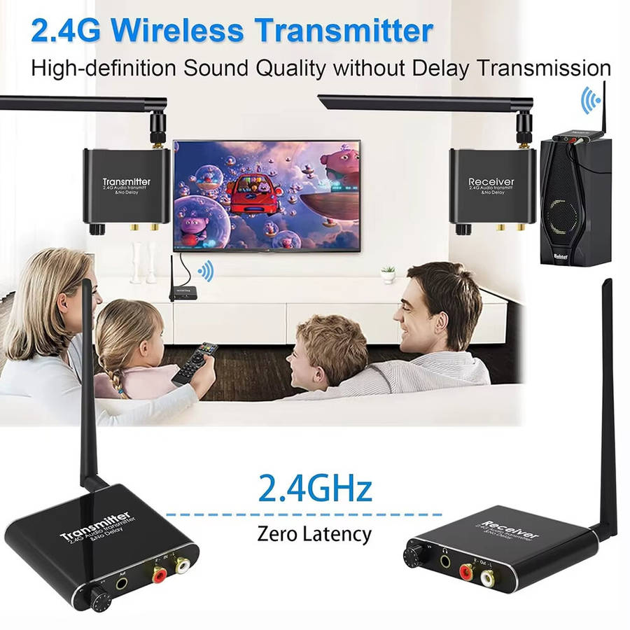 Black - Wireless Audio Adapter with 2.4GHz Technology 50M Range RCA 3.5mm Connectivity Low Delay Cle