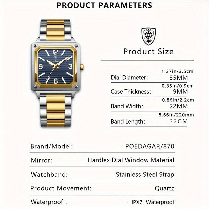 Gold+Black - POEDAGAR Luxury Fashion Men's Square Business Quartz Watch Waterproof Luminous Stainles