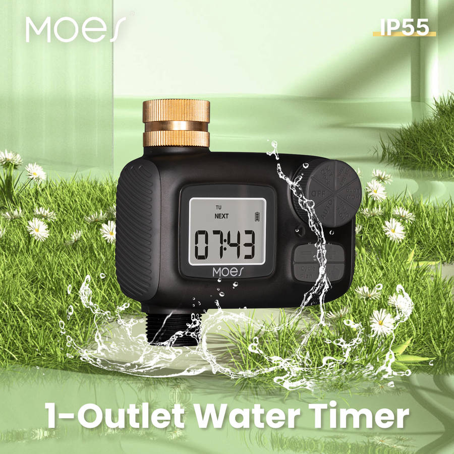 BSP - MOES 1-Outlet Water Timer IP55 Waterproof Brass Inlet Rotary Knob Button Control With LCD Disp