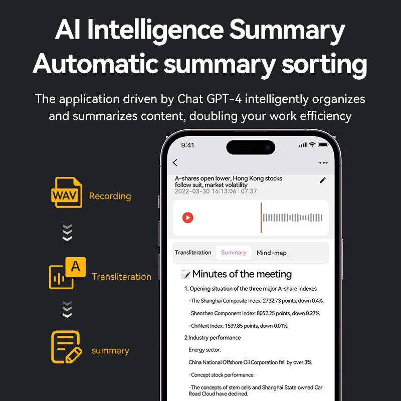 Black - A3 AI Voice Recorder 64GB AI ChatGPT-4 Intelligent Voice Recorder Audio App Phone Call Recor