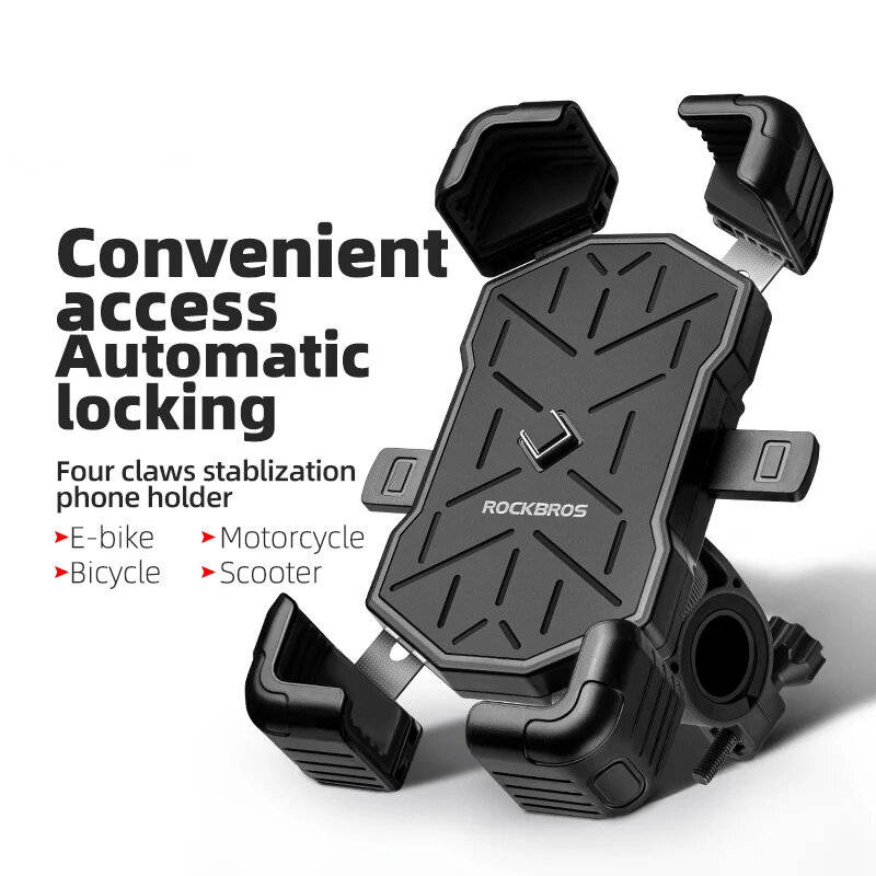 Black - ROCKBROS Bicycle Phone Holder Bracket Shockproof Automatic Lock Anti-shake Motorcycle Scoote