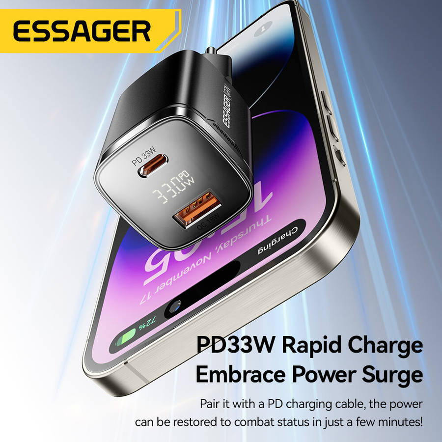 Black - [GaN Tech] ESSAGER ES-CD45 PD33W 2-Port USB PD Charger USB-A+USB-C PD3.0 QC4.0 AFC FCP PPS i